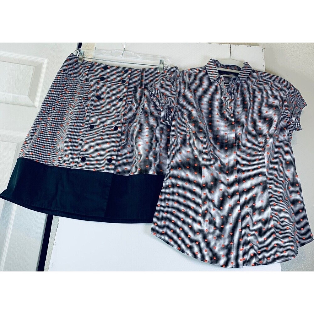 Carlisle 2PC Shirt and Skirt Set Gingham Embroidered Orange Dots Sz 8 VTG Office
